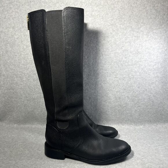 Tory‎ Burch Christy Boots Womens 7M Leather Knee High Black Tall Riding Zip Gold - Picture 2 of 16
